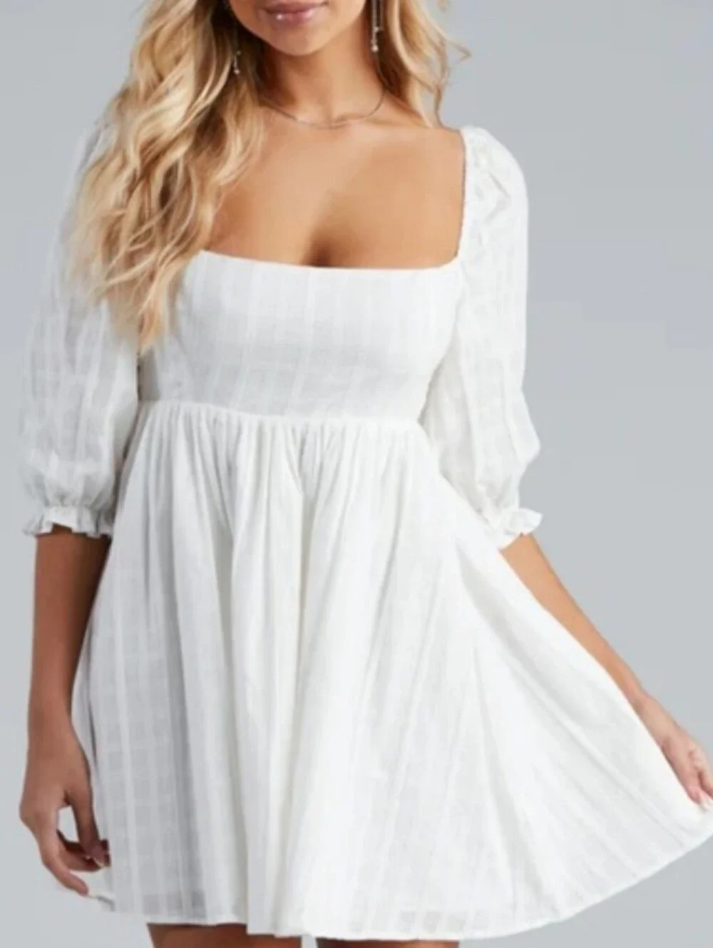 Windsor Puff Sleeve Babydoll Dress White Cotton Smocked Back Lined Size M